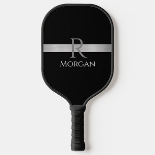 Raquette De Pickleball Nom blanc & Monogramme gris, Barre d'argent sur no