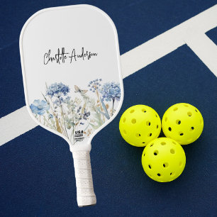 Raquette De Pickleball Nom de fleurs sauvages bleu blanc écriture script