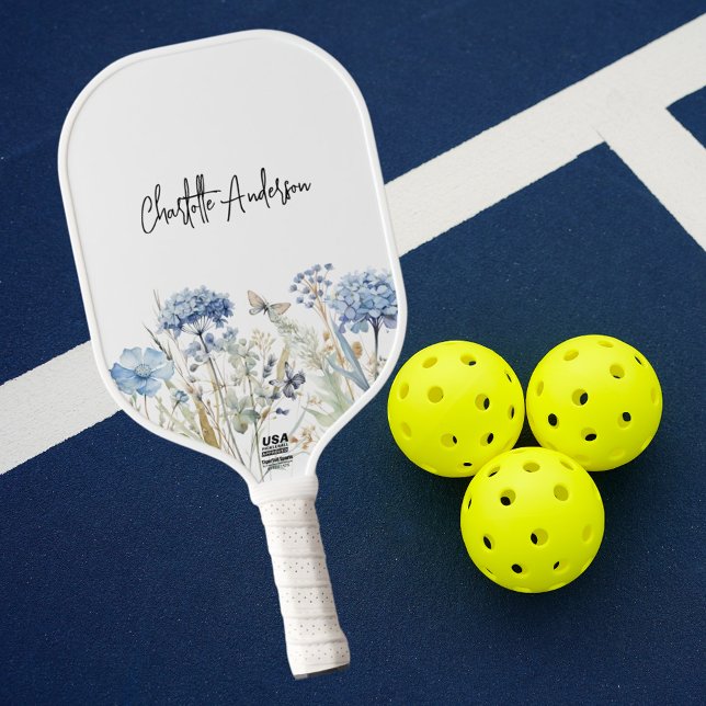 Raquette De Pickleball Nom de fleurs sauvages bleu blanc écriture script (Créateur téléchargé)