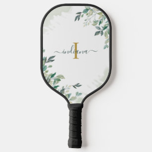 Raquette De Pickleball Nom de l'écriture de monogramme d'eucalyptus Anniv