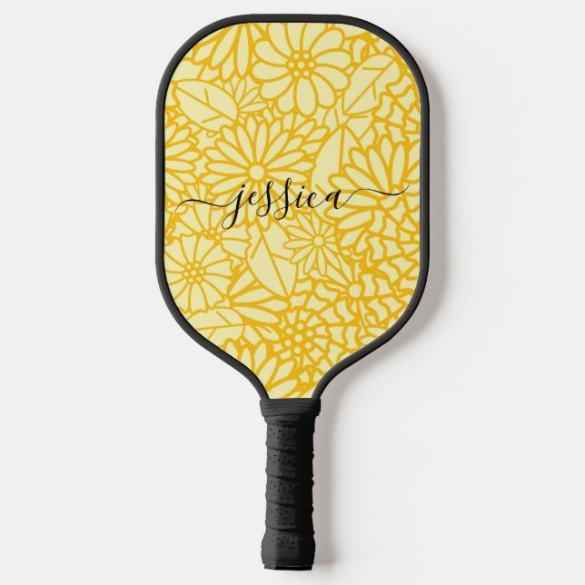 Raquette De Pickleball Nom de script floral jaune moderne pickleball padd (Verso)