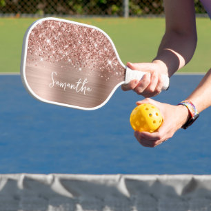 Raquette De Pickleball Nom de script Glam Rose Gold Pailleté