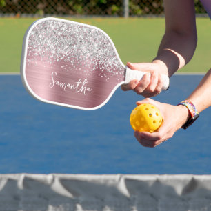 Raquette De Pickleball Nom de script glamour argenté pailleté et rose cla