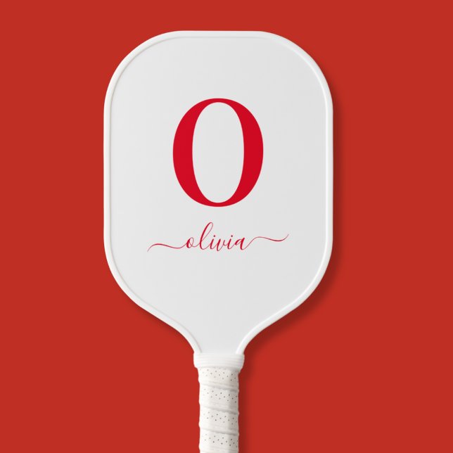 Raquette De Pickleball Nom De Script Monogramme Personnalisé Blanc Et Rou (Créateur téléchargé)