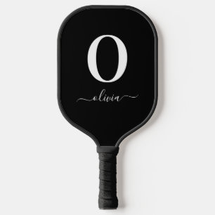 Raquette De Pickleball Nom de script Monogramme Personnalisé Noir Et Blan