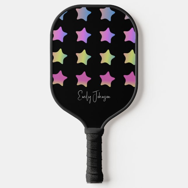 Raquette De Pickleball Nom de script noir à dégradé d'étoiles arc-en-ciel (Recto)