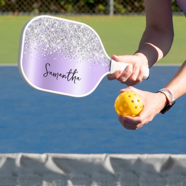 Raquette De Pickleball Nom de script pailleté lavande scintillant argenté (Insitu)