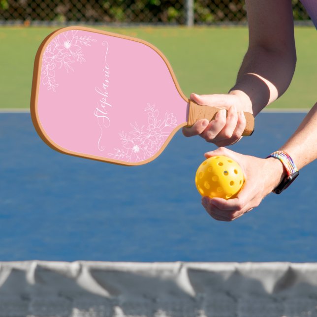 Raquette De Pickleball Nom de script rose fleur moderne élégante florale  (Insitu)