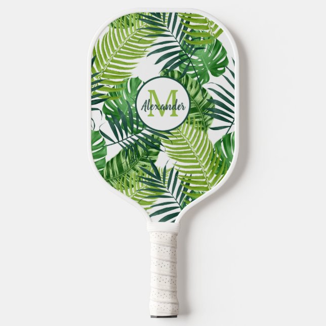 Raquette De Pickleball Nom du monogramme des Feuilles tropicaux verts (Recto)