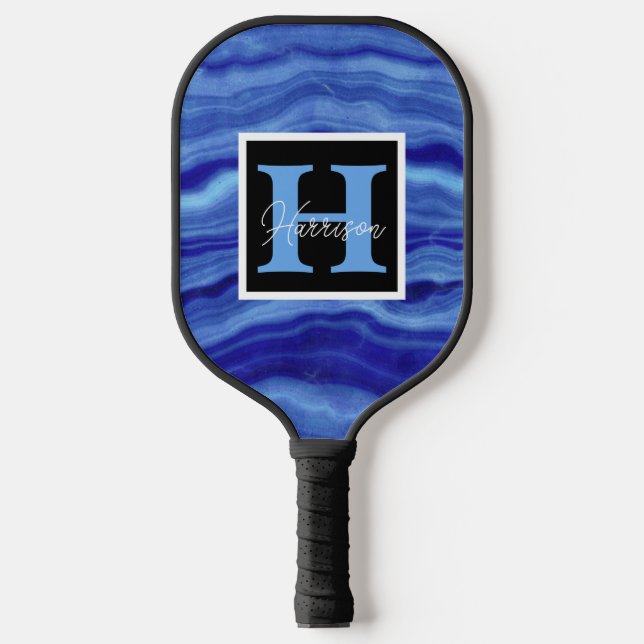 Raquette De Pickleball Nom du monogramme en marbre bleu personnalisé (Recto)