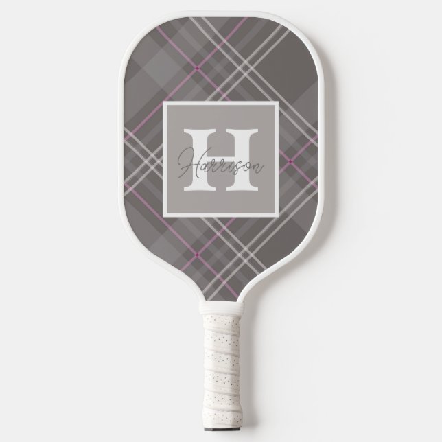 Raquette De Pickleball Nom du monogramme gris plaid personnalisable (Recto)