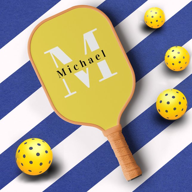 Raquette De Pickleball Nom du monogramme jaune de base + initial (Créateur téléchargé)