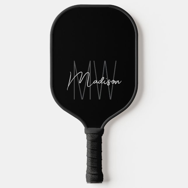 Raquette De Pickleball Nom du monogramme moderne Script noir blanc (Recto)