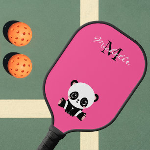 Raquette De Pickleball Nom du monogramme Panda mignon rose simple