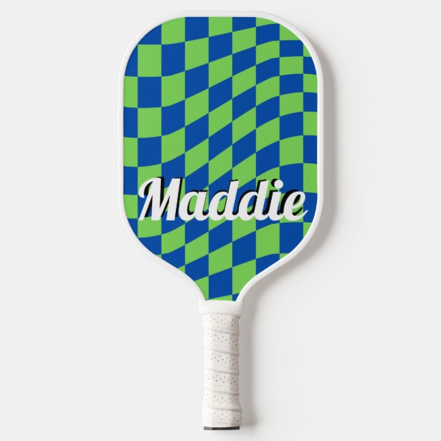 Raquette De Pickleball Nom du script À damiers rétro Pickleball Paddle (Recto)