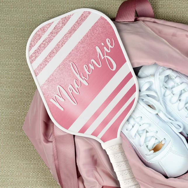 Raquette De Pickleball Nom du script de Parties scintillant or Rose éléga (Créateur téléchargé)