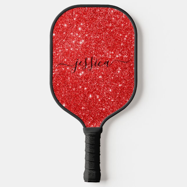Raquette De Pickleball Nom du script de parties scintillant rouge moderne (Verso)