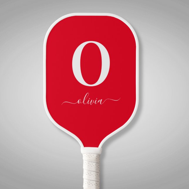 Raquette De Pickleball Nom du script Monogramme Personnalisé Rouge Et Bla (Créateur téléchargé)