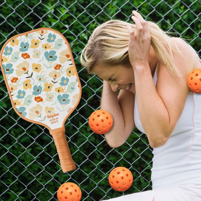 Raquette De Pickleball Nom du texte personnalisé les années 70 motif flor (Créateur téléchargé)