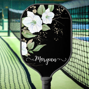 Raquette De Pickleball Nom élégant floral aquarelle noir or script