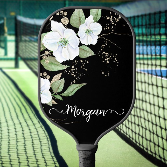 Raquette De Pickleball Nom élégant floral aquarelle noir or script (Créateur téléchargé)