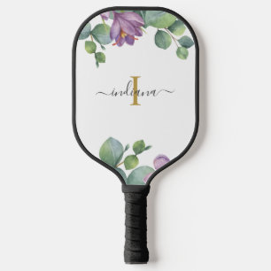 Raquette De Pickleball Nom en écriture Monogram Eucalyptus Verdure Violet