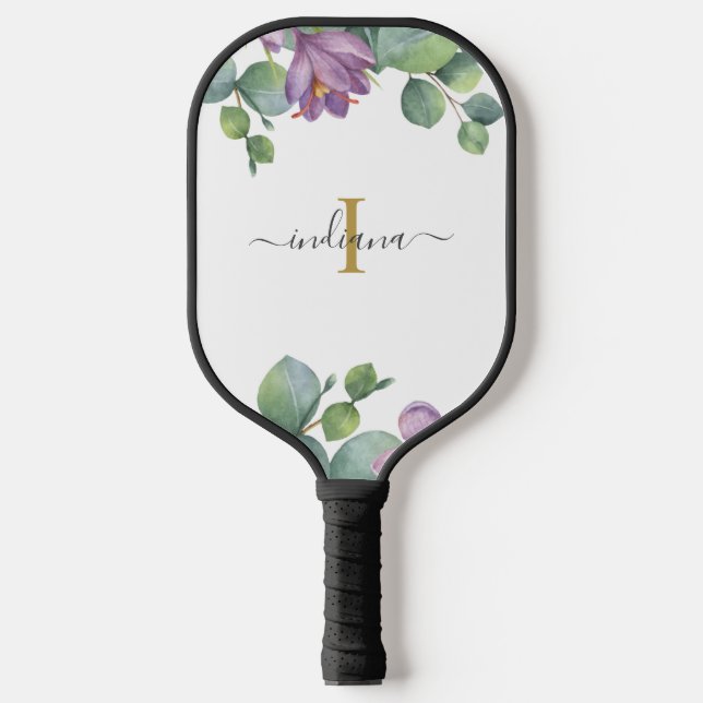 Raquette De Pickleball Nom en écriture Monogram Eucalyptus Verdure Violet (Recto)