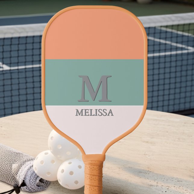 Raquette De Pickleball Nom monogrammé avec rayures rétro orange rose vert (Créateur téléchargé)