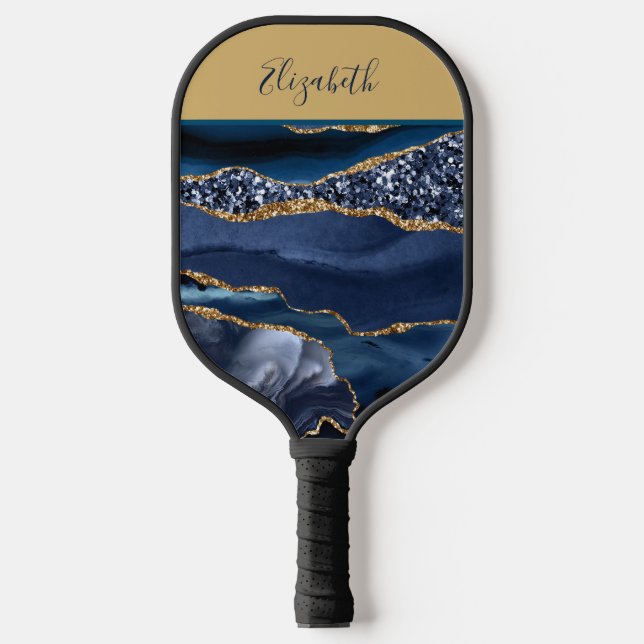 Raquette De Pickleball Nom monogramme Blue Gold Parties scintillant Glam  (Recto)