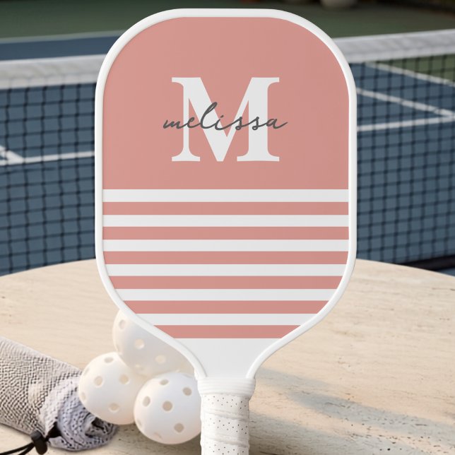 Raquette De Pickleball Nom Monogrammé Moderne Prépa Pastel Rose Orange (Créateur téléchargé)