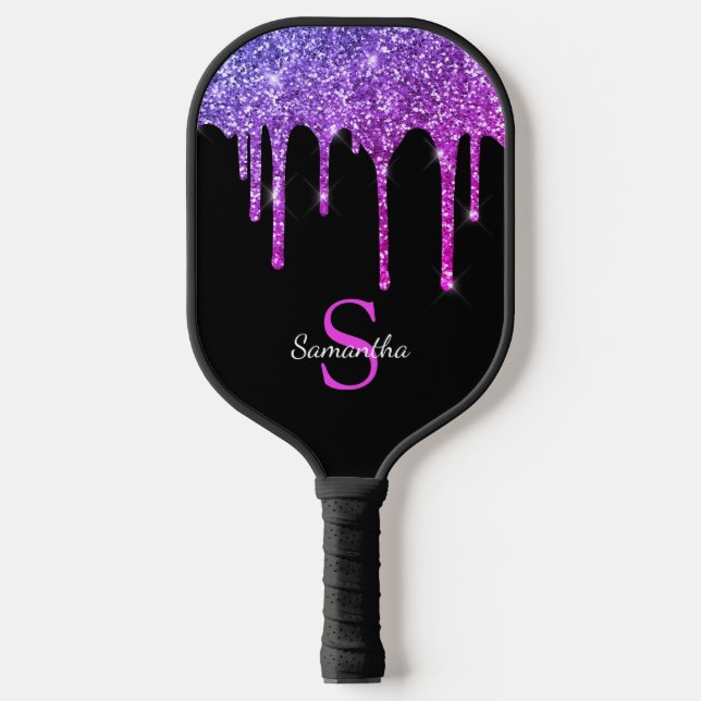 Raquette De Pickleball Nom Monogramme Paillettes Rose Violet (Recto)