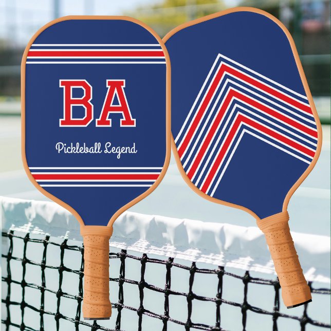 Raquette De Pickleball Nom Monogramme personnalisé Initiales Rouge Marine (Créateur téléchargé)