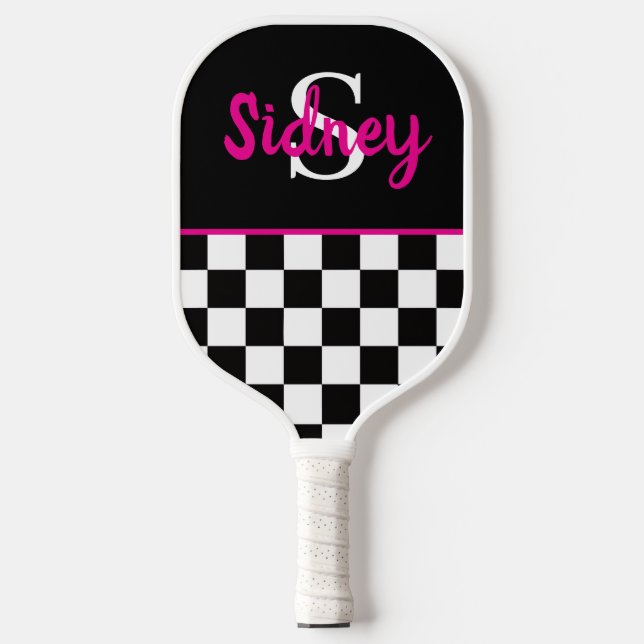 Raquette De Pickleball Nom Monogramme Rose Néon Damier Rétro (Recto)