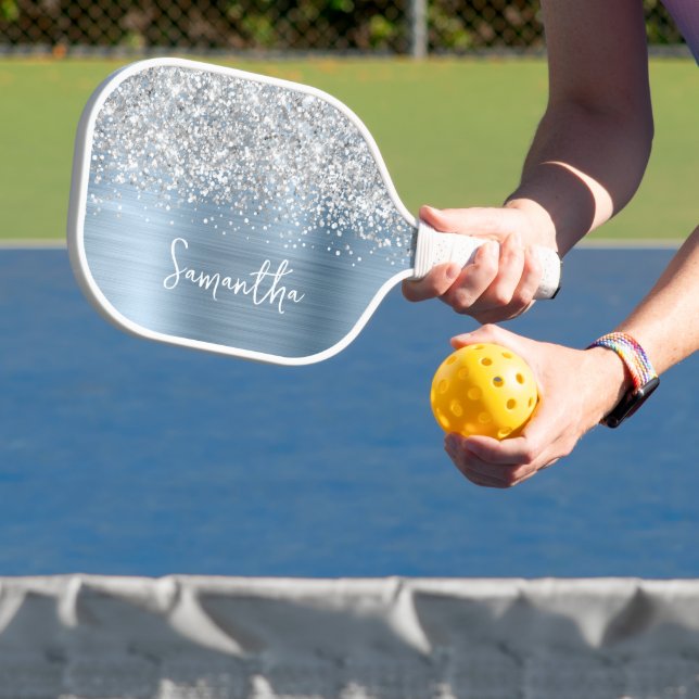 Raquette De Pickleball Nom pailleté argent et bleu clair Glam Script (Insitu)