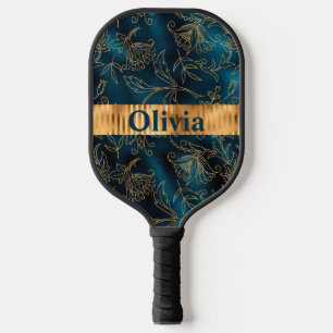 Raquette De Pickleball Nom Personnalisé Blue Gold Floral