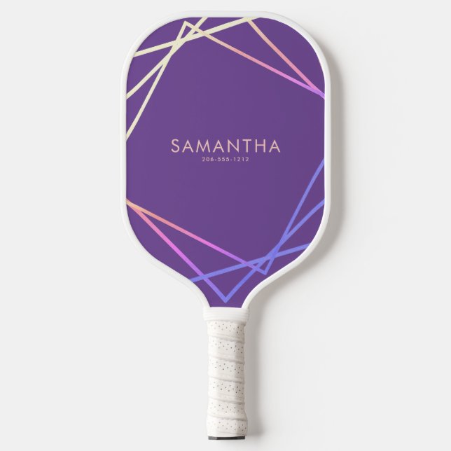 Raquette De Pickleball Nom personnalisé géométrique arc-en-ciel violet (Recto)
