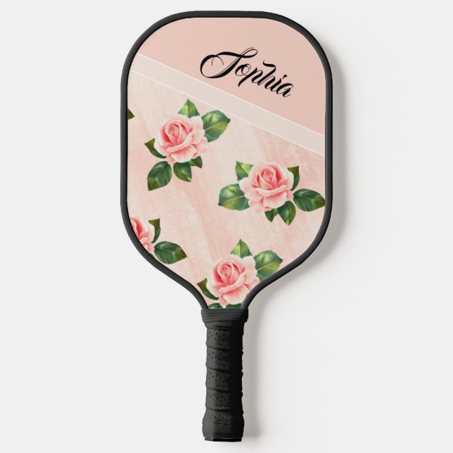 Raquette De Pickleball Nom personnalisé moderne Rose Rose Fleur Noir (Verso)