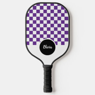 Raquette De Pickleball Nom personnalisé Motif Checker violet et blanc