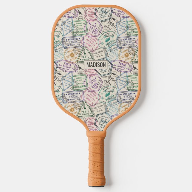 Raquette De Pickleball Nom personnalisé Motif Timbres de voyage (Recto)