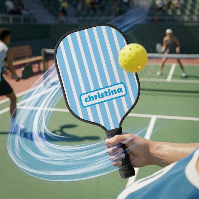 Raquette De Pickleball Nom personnalisé rayé bleu clair moderne (Créateur téléchargé)