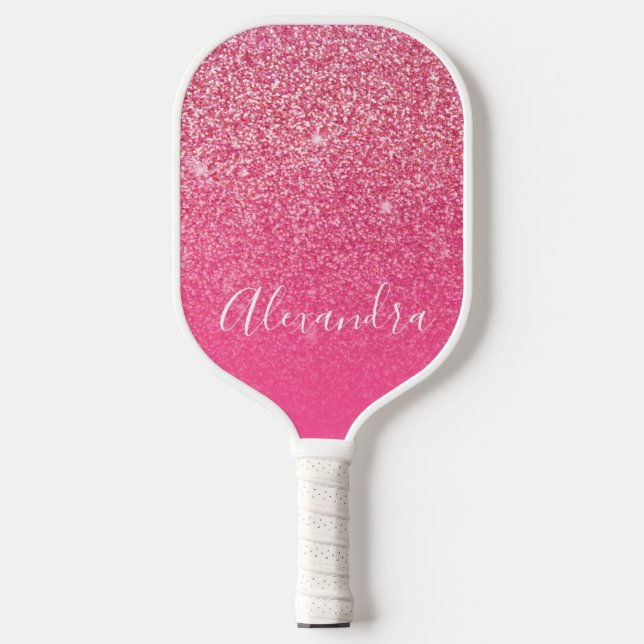 Raquette De Pickleball Nom personnalisé scintillant rose rose script (Recto)