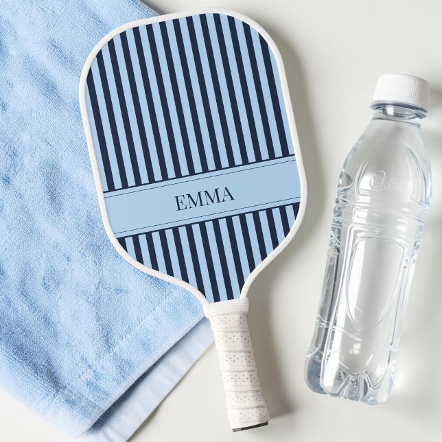 Raquette De Pickleball Nom simple mignon et moderne rayé bleu marine (Modern Navy Blue Striped Cute Preppy Simple Name Pickleball Paddle)