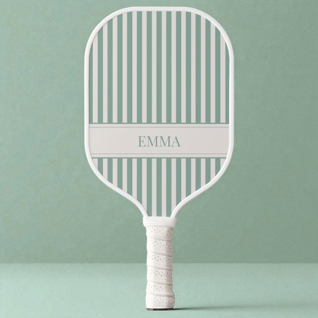 Raquette De Pickleball Nom simple mignon Prépa Vert Sauge Moderne Rayé (Modern Sage Green Striped Cute Preppy Simple Name Pickleball Paddle)