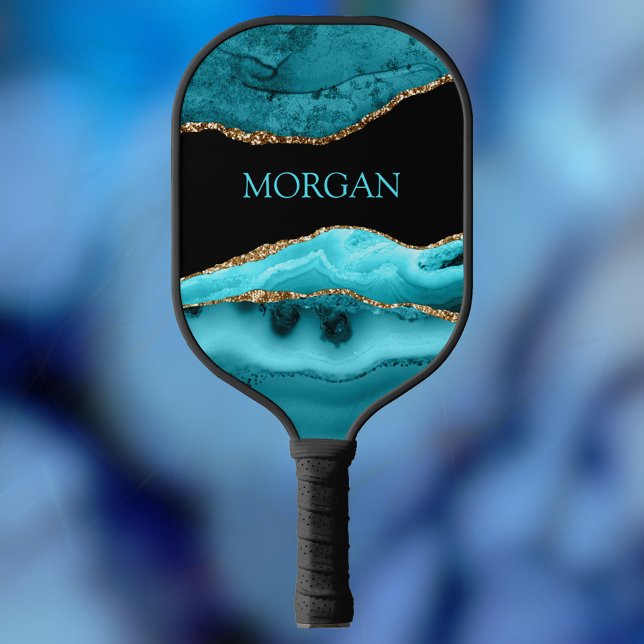 Raquette De Pickleball Nom turquoise, Noir, Or & Turquoise Agate (Créateur téléchargé)