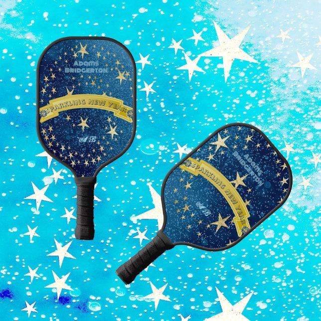 Raquette De Pickleball Nuit sombre étoile Nouvel An Or étoiles Étincelle  (Starry Dark Night New Year Gold Stars Sparkle Blue Pickleball Paddle)