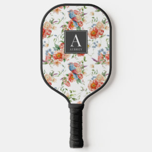 Raquette De Pickleball Oiseau bleu et motif floral rose