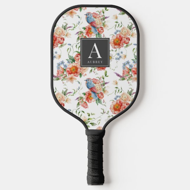Raquette De Pickleball Oiseau bleu et motif floral rose (Recto)