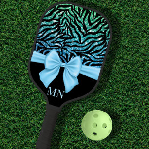 Raquette De Pickleball Ombre Parties scintillant Zebra Blue Bow Monogramm
