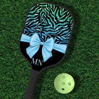 Raquette De Pickleball Ombre Parties scintillant Zebra Blue Bow Monogramm