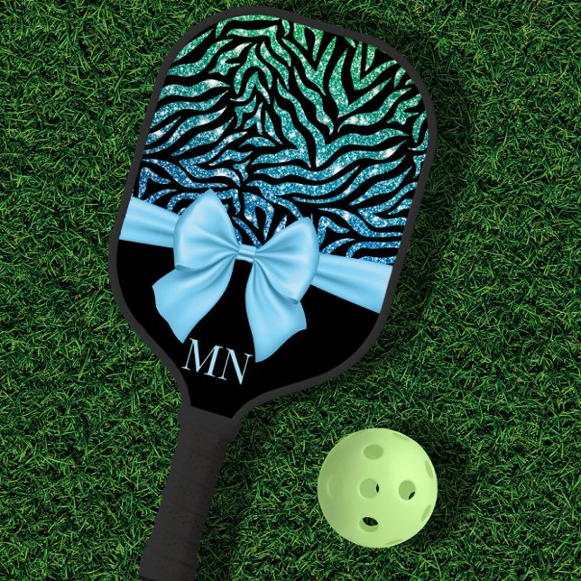 Raquette De Pickleball Ombre Parties scintillant Zebra Blue Bow Monogramm (Créateur téléchargé)